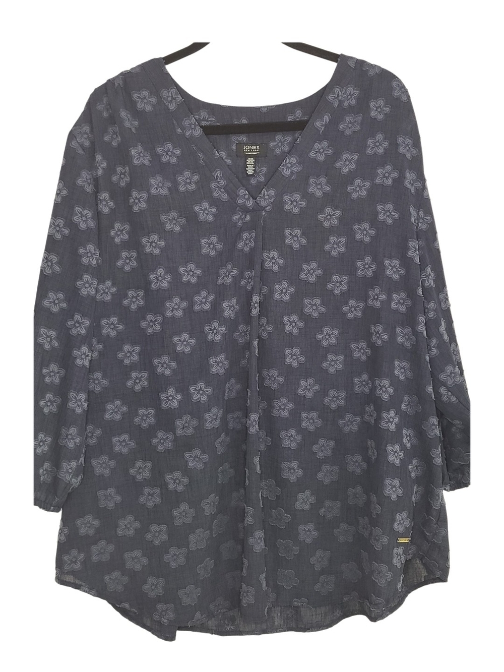 Jones New York Signature Navy Blue Embroidered Floral V-Neck Blouse 3X
